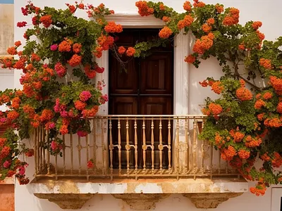 Spanish Balcony - Red Flowers Adorning White tranquil retreat