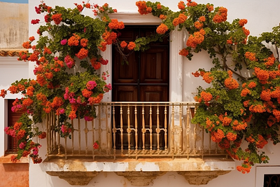 Spanish Balcony - Red Flowers Adorning White tranquil retreat