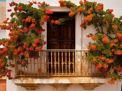 Spanish Balcony - Red Flowers Adorning White tranquil retreat