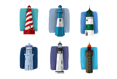 Collection of lighthouses collection digital digital illustration drawing graphic design illustration lighthouse set sky