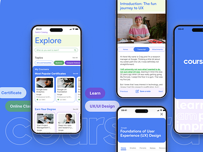 Coursera Redesign App app block blue class clean coursera creative design fun learn minimal mobile online online study redesign section study typography ui video