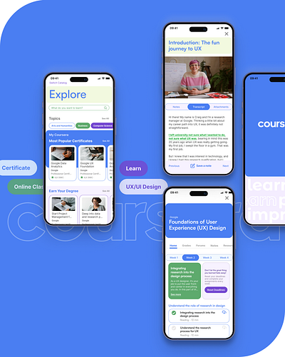 Coursera Redesign App app block blue class clean coursera creative design fun learn minimal mobile online online study redesign section study typography ui video