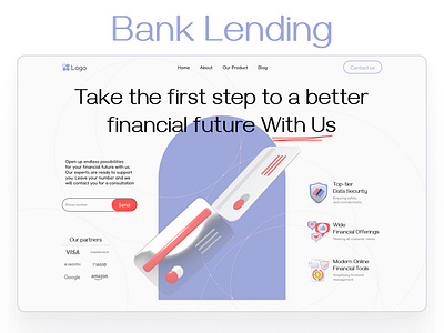 Lending for bank 3d aesthetic app bank big font big tipe design finance fintech hero hero section home page main our partners red ui ux vector violet. website