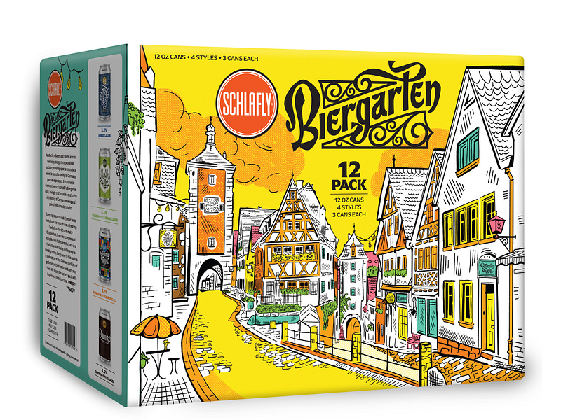 Biergarten German Style Beer Packaging Design for Schlafly architecture bavarian beer beer garden beer packaging bier biergarten branding brewery case cityscape colorful german houses illustration line art modern packaging simple street