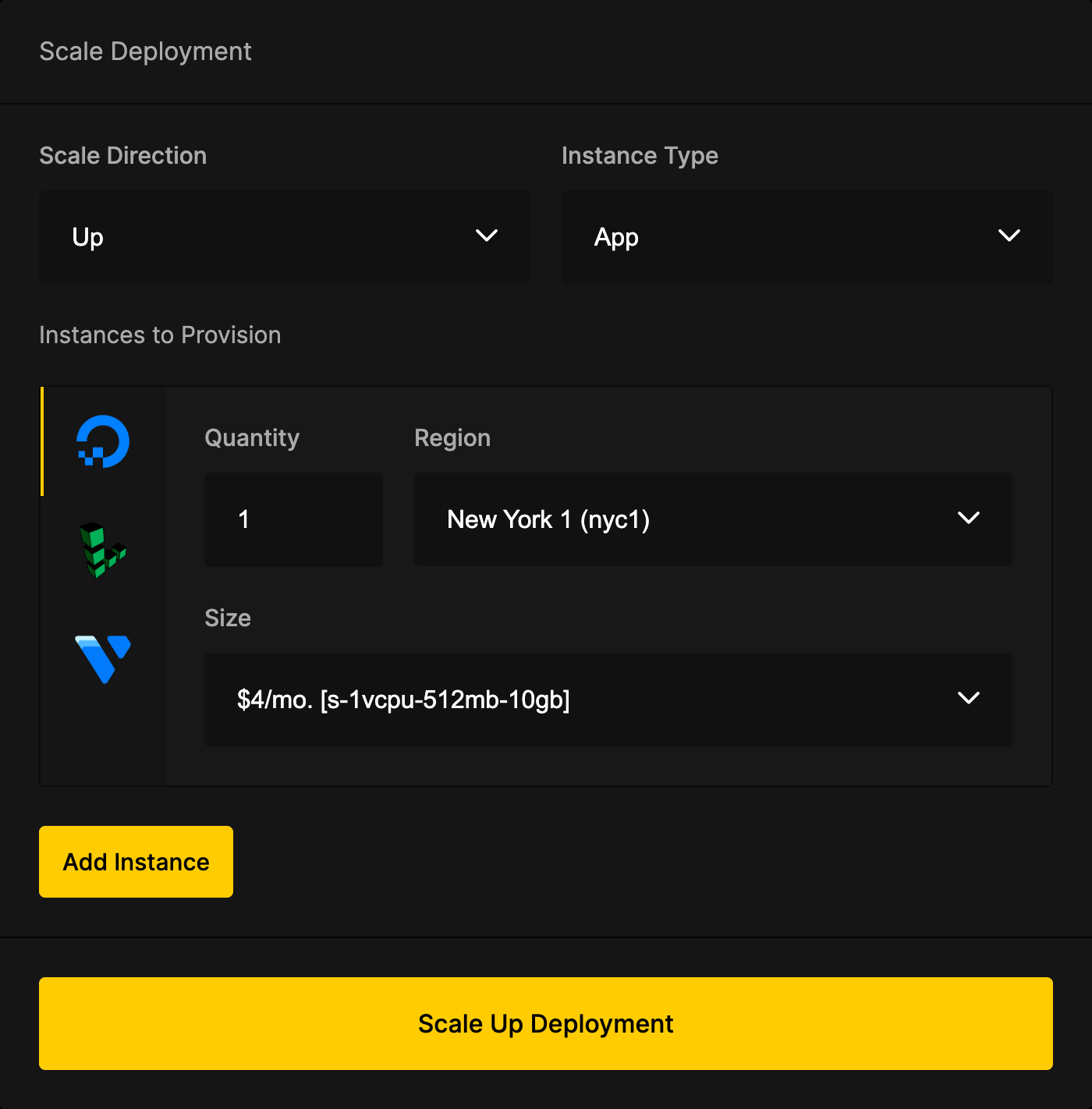 Scale Deployment app black button css dark dark mode dashboard deployment dropdown html instance scale select server ui up yellow