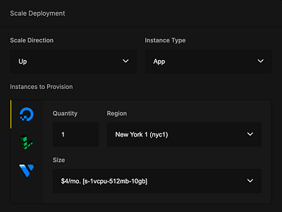 Scale Deployment app black button css dark dark mode dashboard deployment dropdown html instance scale select server ui up yellow