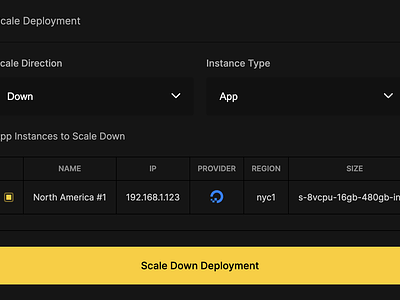 Scale Down Deployment button checkbox css dark dark mode dashboard deployment dropdown hosting html instance scale select server ui yellow