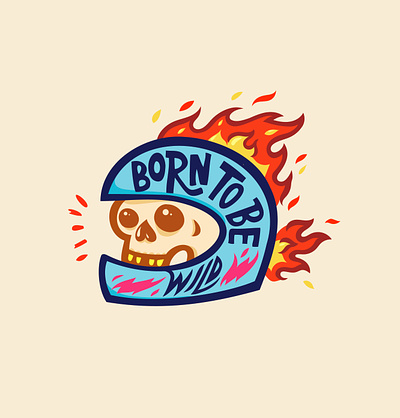Colored born to be wild biker helmet illustration lettering skeleton vector