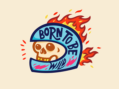 Colored born to be wild biker helmet illustration lettering skeleton vector