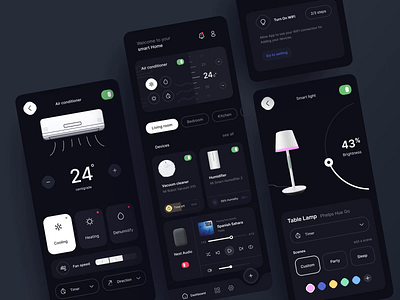 Smart Home App - Dark mode app app design application clean control dark mode dark theme design figma flat design home page light mode minimal mobile motion smart home ui ui design ux variables