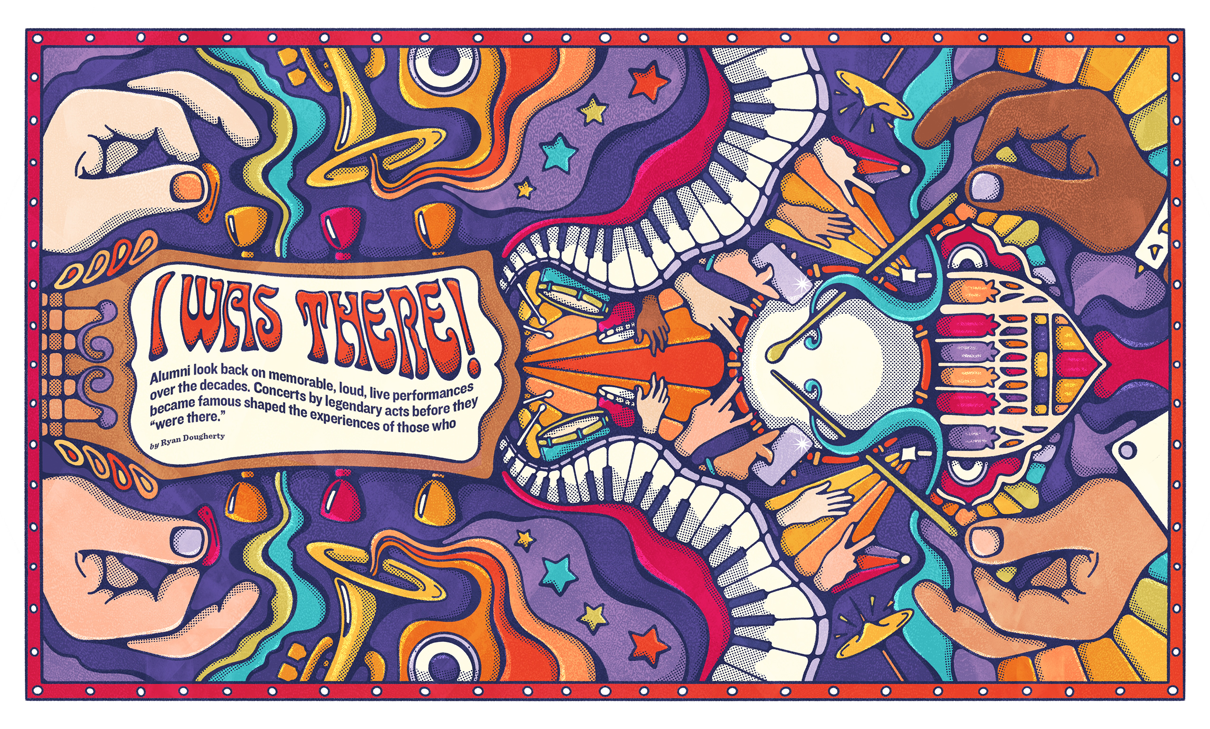 Swarthmore College Editorial Illustration 70s colorful concert drums editorial illustration guitar illustration jazz music piano pop procreate psychedelic retro rock swarthmore college trumpet vintage illustration