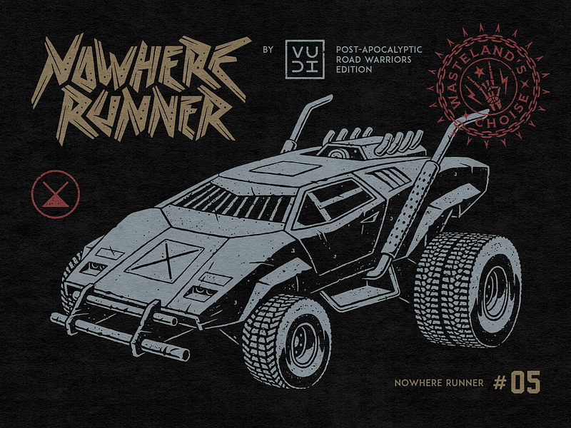 Nowhere Runner apocalypse art artwork branding car drawing grunge illustration ink lambo lamborghini lettering mad max monster post apocalyptic race road symbol warrior world end