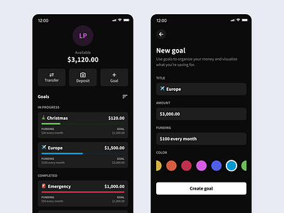 Savings Goal App app bank dark mode design mock up product design prototype savings simple ui
