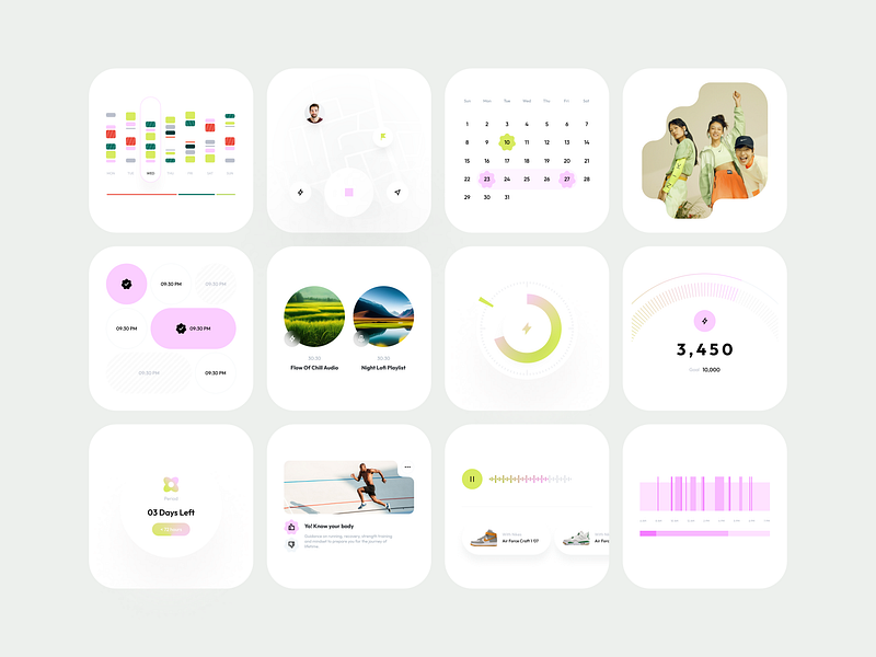 Wellness: UI Kit (Components l) app calendar components figma ui kit health ui ios map mobile mobile app run sleep sports ui ui kit wellness widget widgets