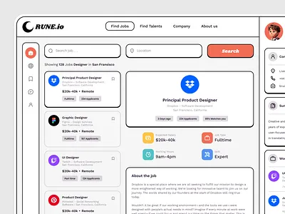 R U N E | Job Finder Dashboard application career classic dashboard design find job find work hire hiring job job finder job listing job search minimalism retro ui unique ux work
