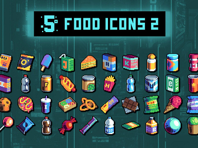 Street Snacks Pixel Art 32×32 Icon Pack 2d 32x32 art asset assets cyberpunk food game game assets gamedev icon icone icons illustration indie indie game psd rpg set