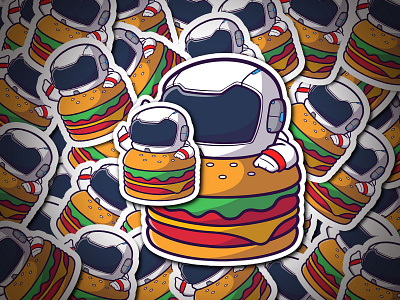 Cute Cartoon Astronaut with Burger branding burger cartoon cheese cute design food graphic design happy illustration kids logo meal space sticker ui vector
