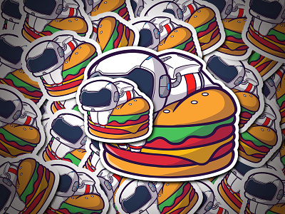 A cute Cartoon Astronaut lay on Burger astronaut branding burger canva cartoon cheese cute design food graphic design happy illustration kids logo meal ui vector