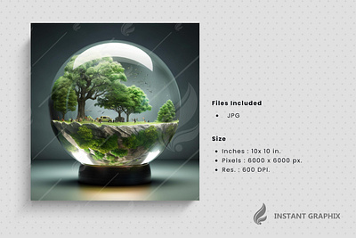 Glassy Ball with an ecosystem inside Generative AI. ai generated eco ecosystem environment environment ecology evarporation forest graphic design grass hill hill hydro natrue nature forest plant waste recycling zero waste