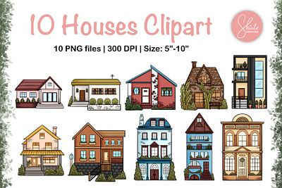 10 Houses Clipart Bundle - Colored architecture city buildings clipart bundle colorful houses hand drawn houses home home graphics house bundle house clipart house doodle house drawing house graphics house home png house illustration houses map creator modern houses neighborhood residential house simple house