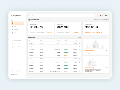 Payoneer Dashboard Redesign admin admin interface analytics dashboard data gradient interface nav bar payoneer side bar theme ui ui design user user dashboard