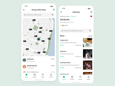 Nearby Coffee Shop App app design coffee coffee shop coffee shop app food delivery app food ordering app ios app map mobile mobile app design mobile ui ux ui ui design uiux