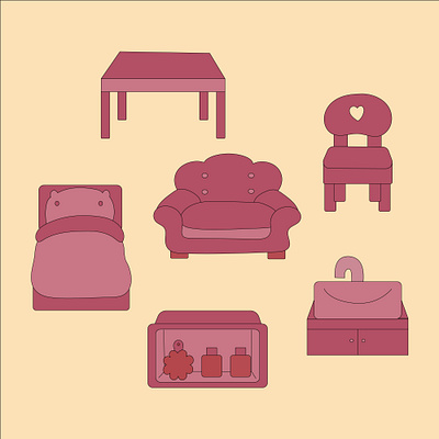 Cute Doll Furniture Set app branding design graphic design illustration logo typography ui ux vector