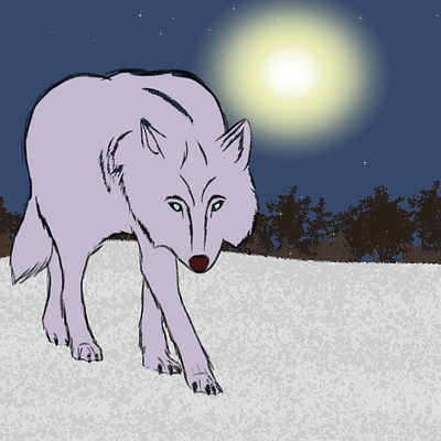 Wolf in the Snow animal flat colour moonlight nature sketch