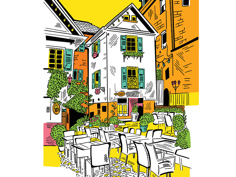 Biergarten Illustration architecture bavarian beer beer garden biergarten colorful drawing flat german germany hand drawn houes illustration illustrator line art minimalistic patio restaurant scene travel