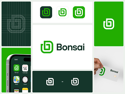 Hello Bonsai Logo Redesign app bonsai brand brand identity branding clean color palette design exploration figma green icon logo minimal mobile mockup product rebrand redesign ui