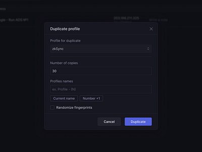 Duplicate profile modal window app clean dark design interface minimal ui ux