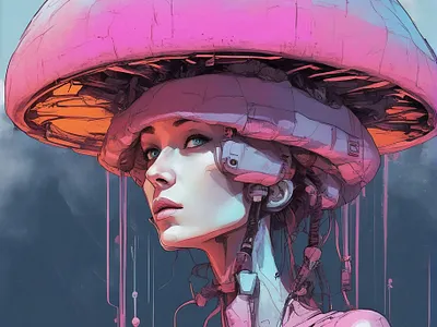 Future is now beautiful cyborg digital art digital illustration digital painting electronics futurism futuristic illustration mushroom pink portrait robot robotics scifi