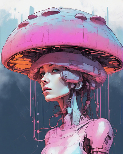 Future is now beautiful cyborg digital art digital illustration digital painting electronics futurism futuristic illustration mushroom pink portrait robot robotics scifi