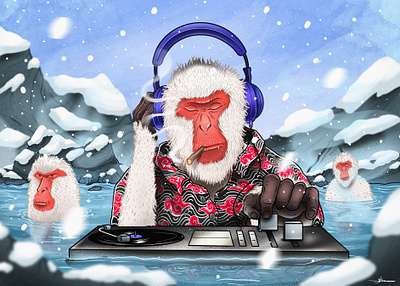 DJ Snow Monkey artwork digital artwork digital illustration grain illustration monkey art monkey design monkey illustration procreate illustration snow monkey art snow monkey illustration