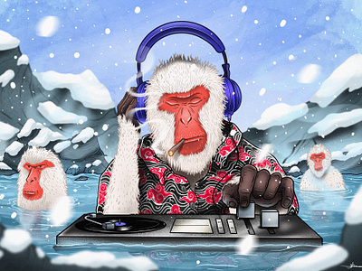 DJ Snow Monkey artwork digital artwork digital illustration grain illustration monkey art monkey design monkey illustration procreate illustration snow monkey art snow monkey illustration