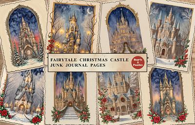 Fairytale Christmas Castle Junk Journal Pages christmas junk journal kit christmas junk journal pages christmas printable journal christmas printable pages christmas scrapbooking christmas tales christmas tree design digital art digital download fantasy christmas collage graphic design holiday ephemera illustration santa claus junk journal pages snow vintage christmas ephemera watercolor winter holiday collage sheet xmas