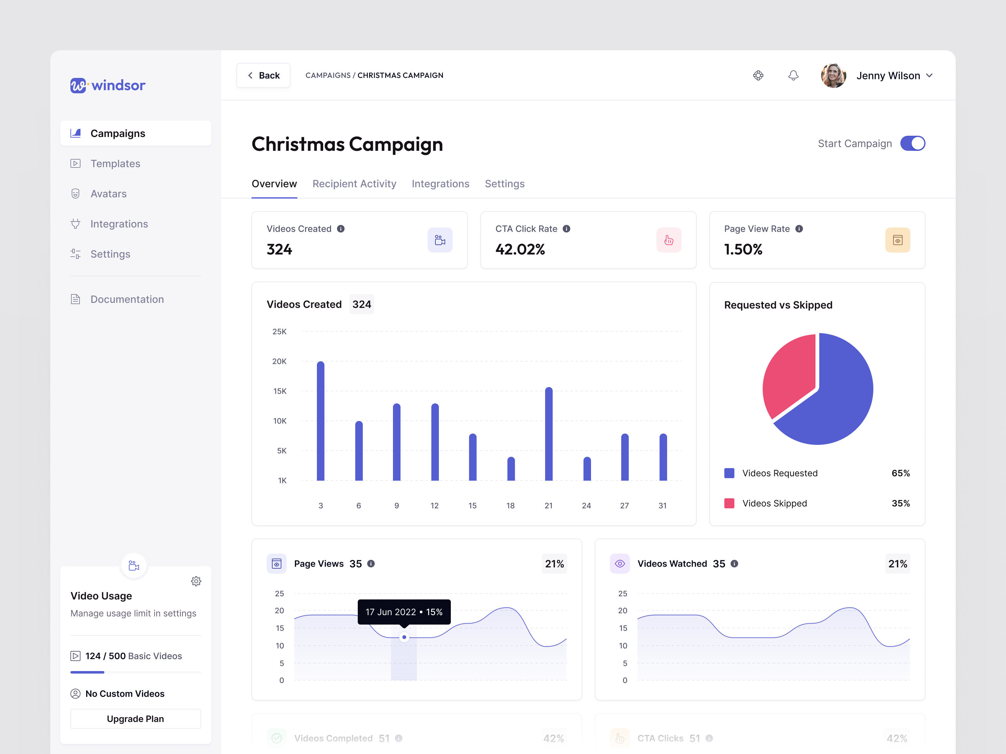 Windsor.io - Campaigns ai analytics app campaigns chart clean dashboard data email limit list marketing onboarding overview recipients sales status ui ux web