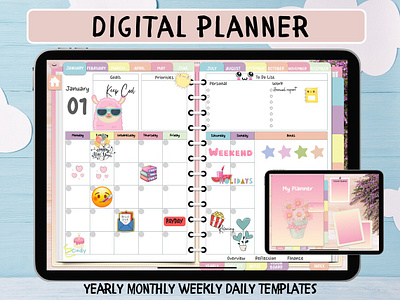 Undated Digital Planner with hyperlink tabs - Yearly, Monthly, W