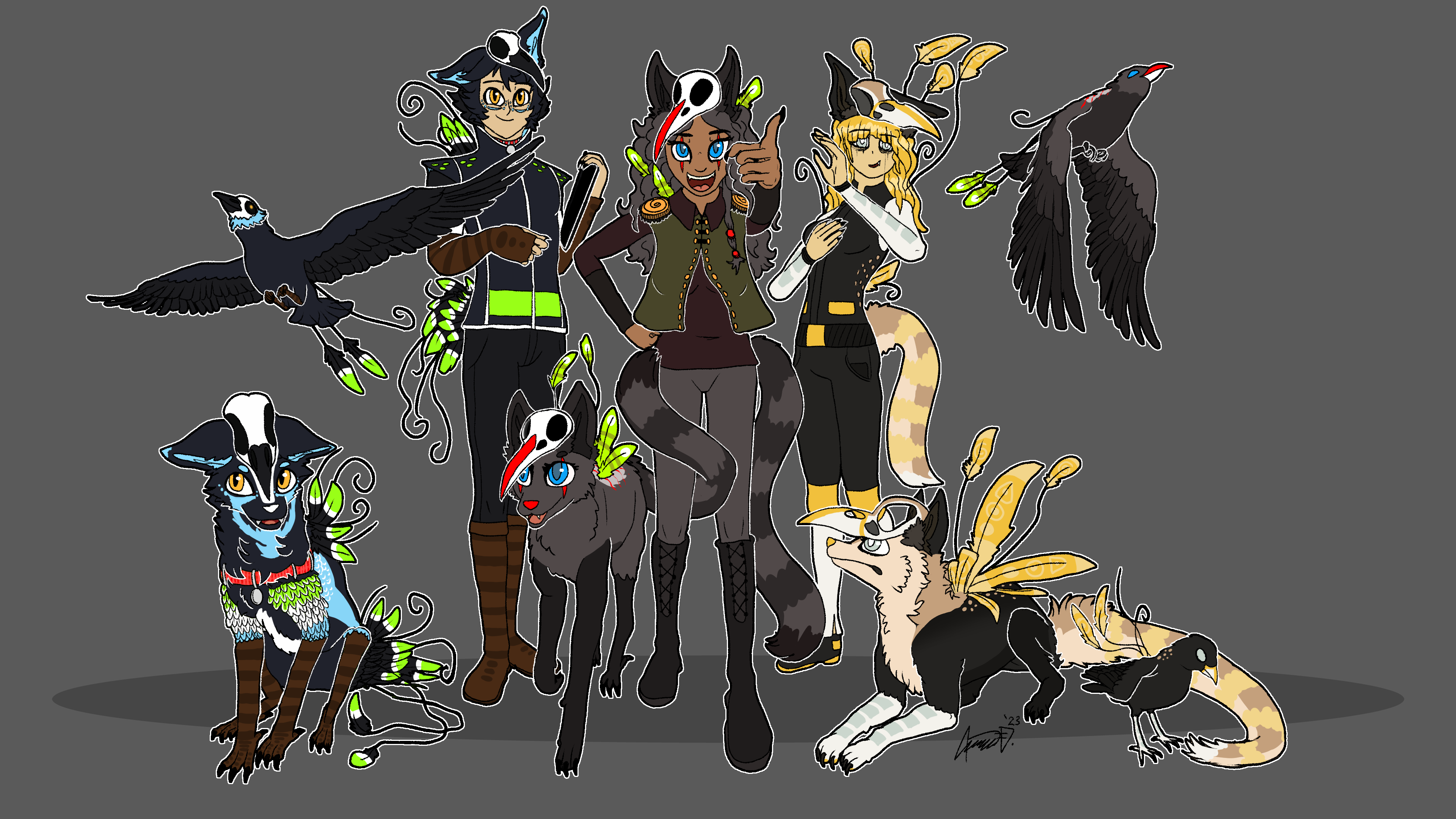 The Delivery Three art avian bird character design coria costume design crow design fox graphic design human humanoid illustration mayle morrigan oc vulpine