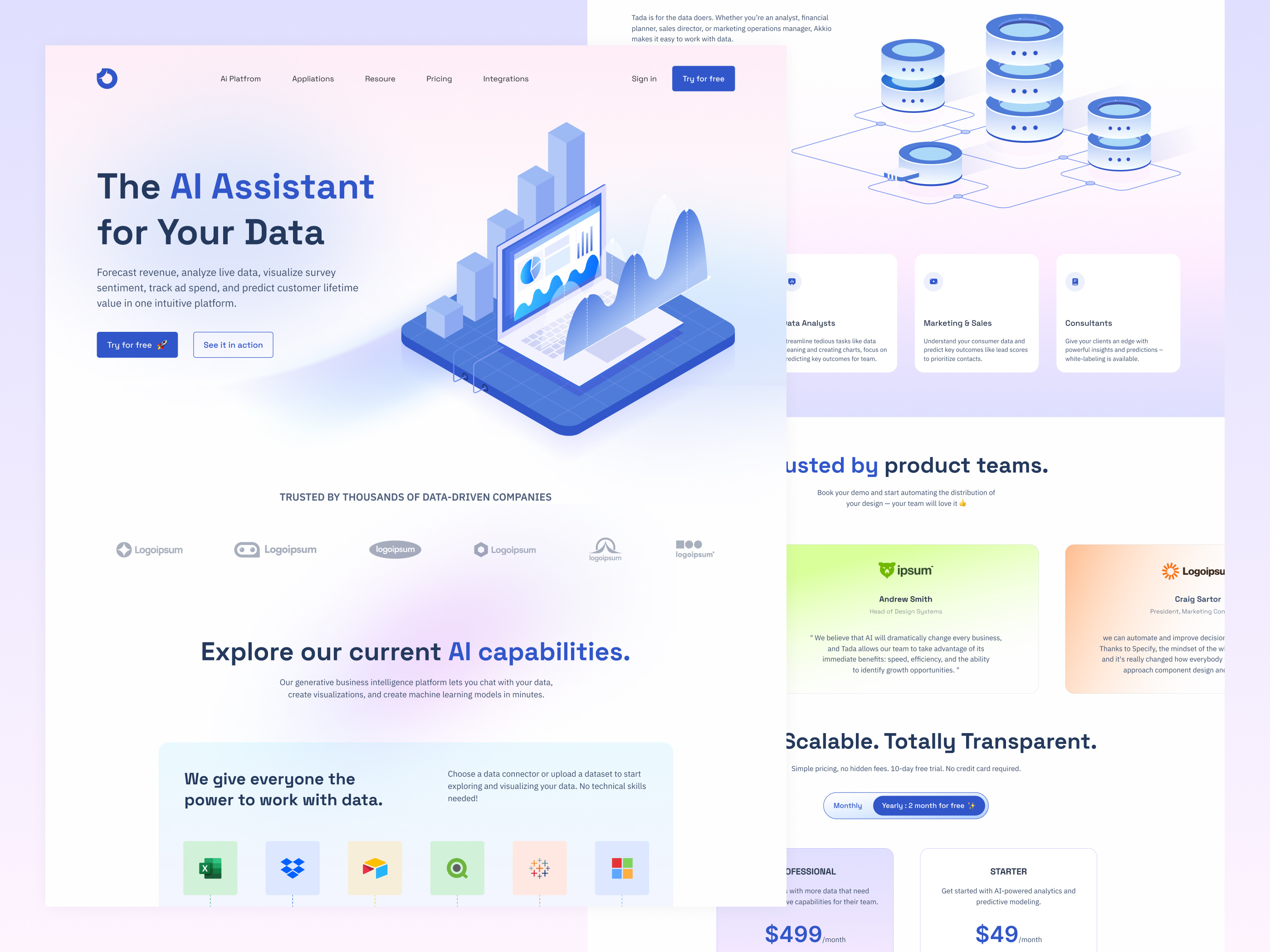Landing page for AI Data Assistant. ai assitant clean dark theme homepage illustration landing page ui ui design