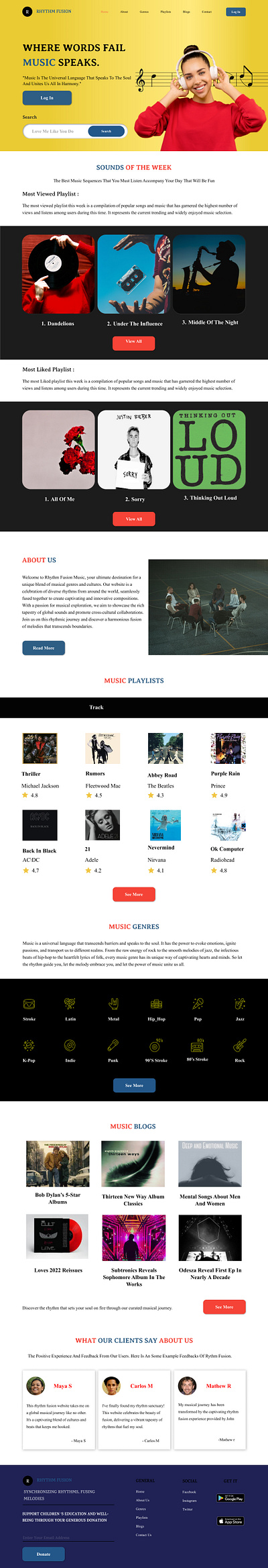 Rhythm Fusion | Music Wesbite | Landing Page artist audio branding design figma google graphic design images music play playlist sound ui ux visual design web design website wireframing youth