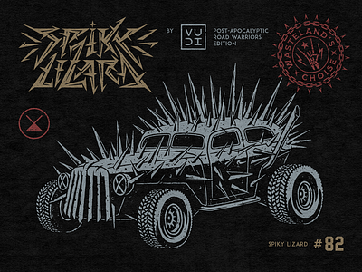 Spiky Lizard apocalypse art artwork badge buzzards car drawing etching hedgehog illustration ink lettering mad max monster post apocalyptic road spikes sticker vehicle world end