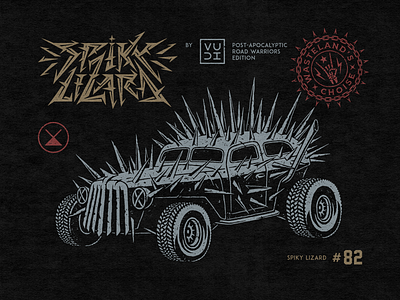 Spiky Lizard apocalypse art artwork badge buzzards car drawing etching hedgehog illustration ink lettering mad max monster post apocalyptic road spikes sticker vehicle world end