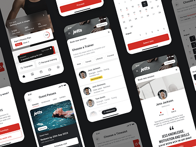 Jetts Clubs actibity application calendar clean design fitness gym minimal mobile app red schedule sessions spa sports trainer training ui ui design ux white