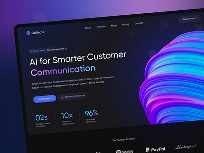 Customer Communication with AI - Landing Page 3d ai ai landing page artificial intelligence banner section chatbot dark dark mode dark theme glassmorphism header hero section intelligence landing page ui ui ai ui design uiux web website design