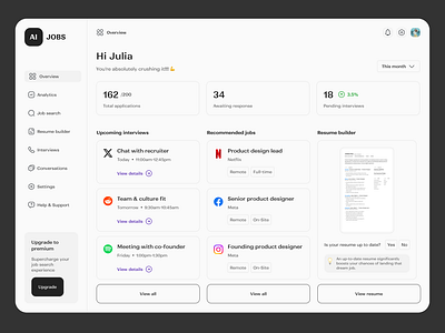 AI Job search assistant dashboard ai artificial intelligence dashboard job assistant job search webapp