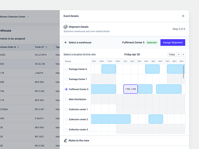 Shipment details - Select warehouse & time slot 🏗️ assign calendar cargo components detail view drawer germany guided logistics management menu norway product design saas schedule shipment supply chain time slot ui ux