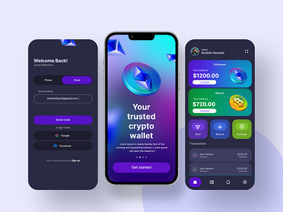 Crypto currency wallet app app app design app ui branding crypto app concept crypto wallet graphic design home page landing page login page mobile mobile app design mobile app home page ui ui app ui design ui ux ux web 3 web app