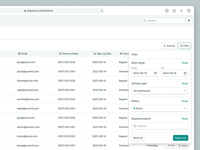 Filters - Shipment Management Admin Dashboard Saas Webapp admin app design cargo client dashboard filter inventory list logistics manage product design saas shipment shipping sort sort by table uiux web design webapp