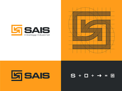 SAIS Logo arrow brand identity branding delivery design eurostile geometric grid system industrial logistics logo modern pack packaging s shipping square transport visual identity yellow